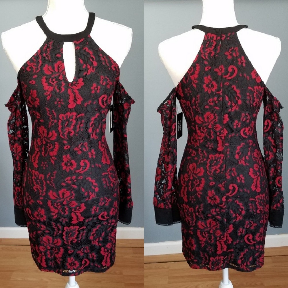 NWT Guess BlackRed Lace Cold Shoulder Halter Dress